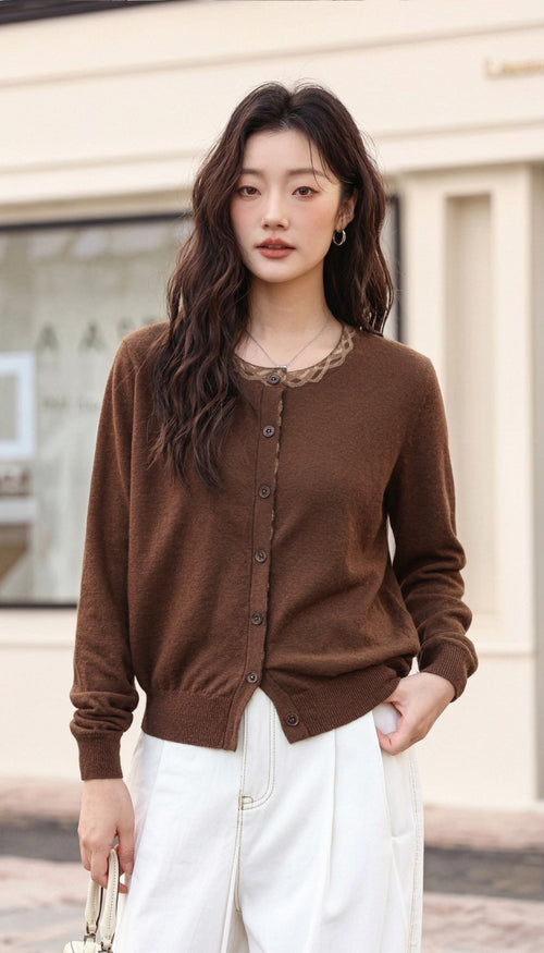 The Weather Cardigan chestnut cashmere cardigan front view